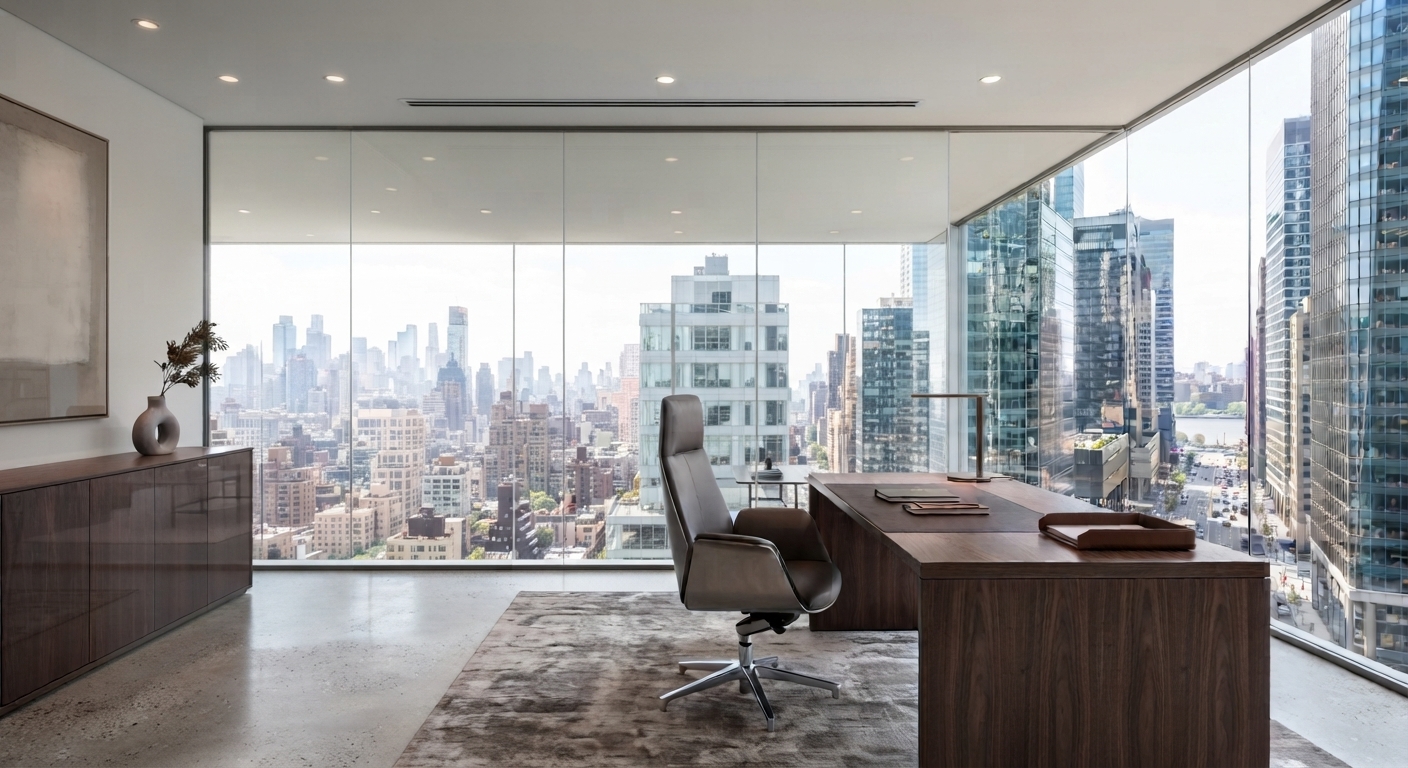 Chefbüro, Folie eingeschaltet — Glaswand transparent